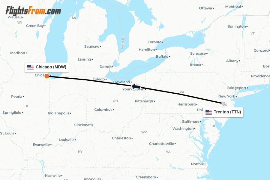 Flights from Trenton to Chicago route map