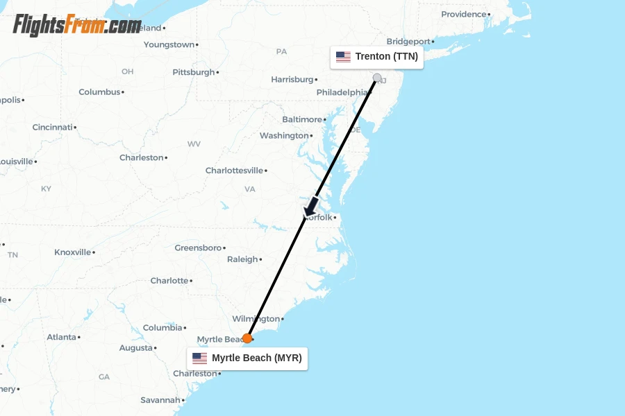 Flights from Trenton to Myrtle Beach route map