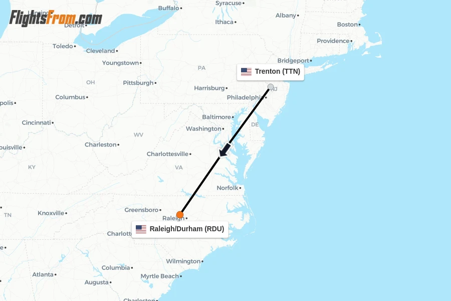 Flights from Trenton to Raleigh/Durham route map
