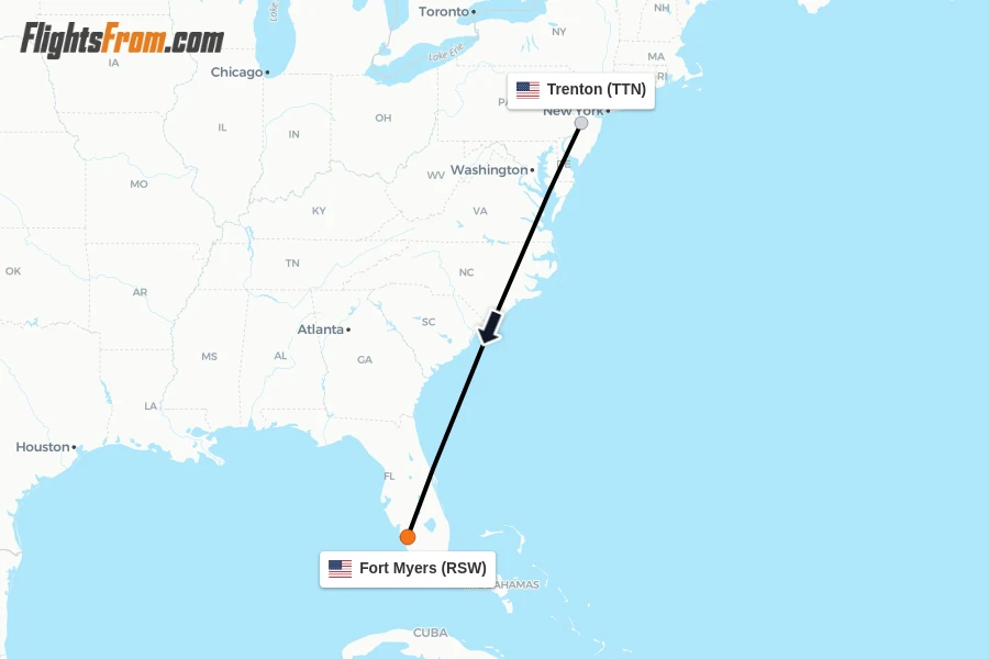 Flights from Trenton to Fort Myers route map