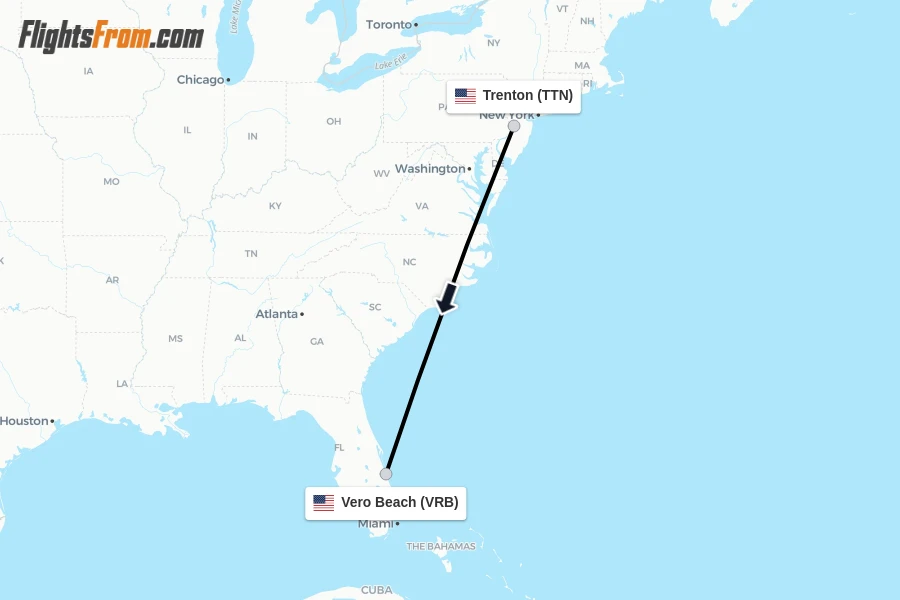 Flights from Trenton to Vero Beach route map
