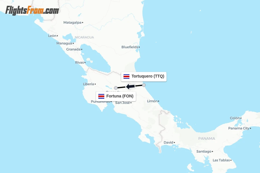 Flights from Tortuquero to Fortuna route map
