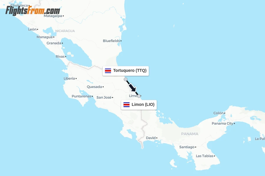 Flights from Tortuquero to Limon route map