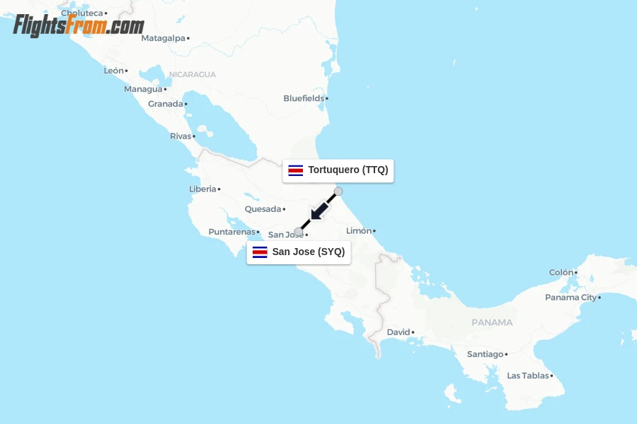Flights from Tortuquero to San Jose route map