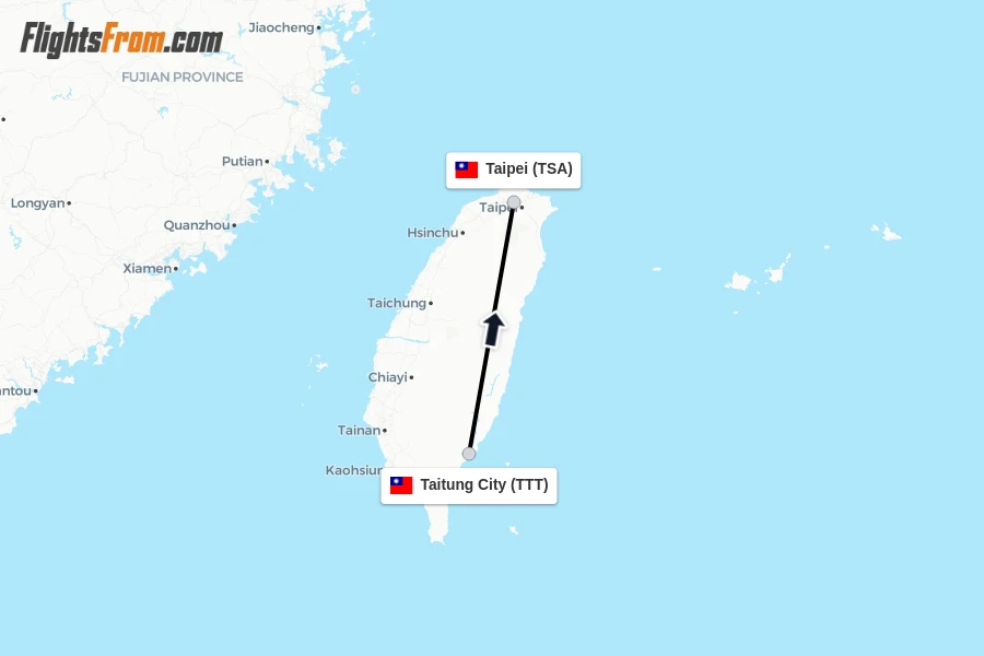 Flights from Taitung City to Taipei route map