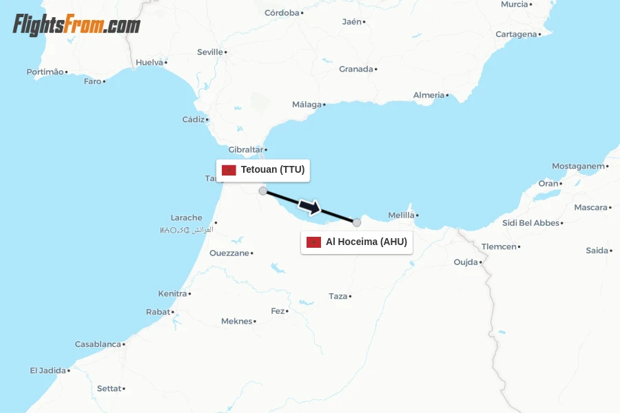 Flights from Tetouan to Al Hoceima route map