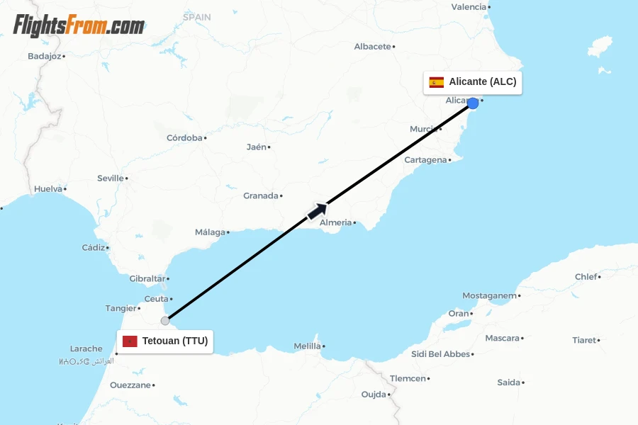 Flights from Tetouan to Alicante route map