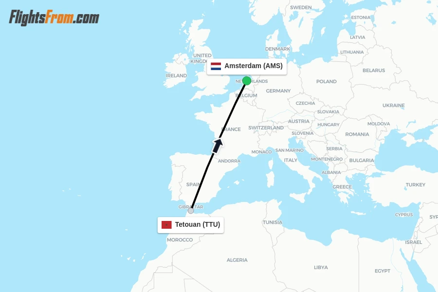 Flights from Tetouan to Amsterdam route map