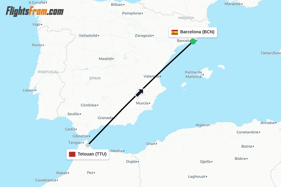 Flights from Tetouan to Barcelona route map