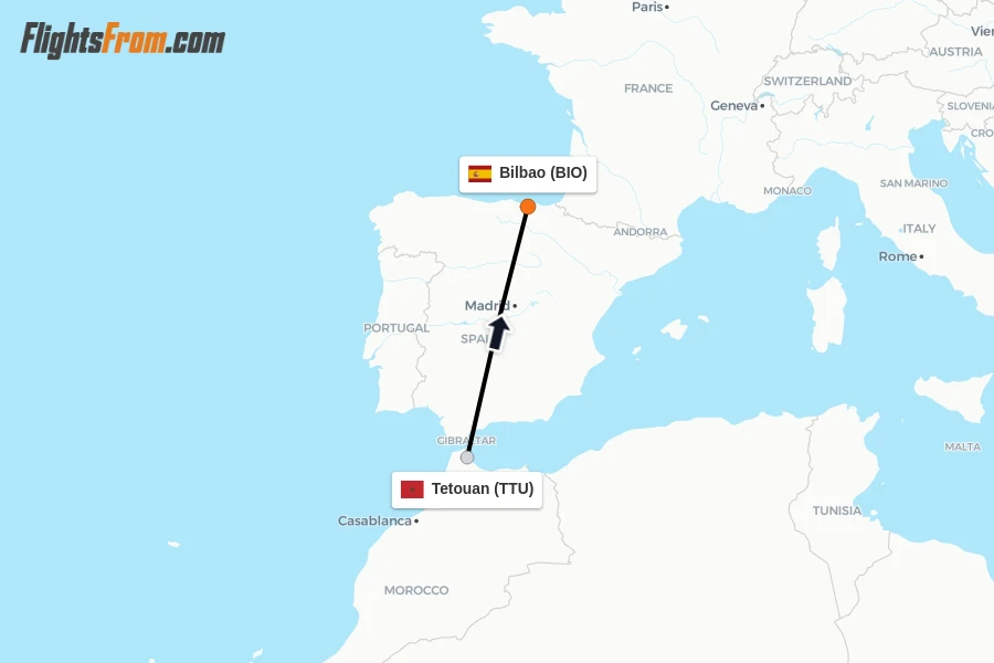Flights from Tetouan to Bilbao route map