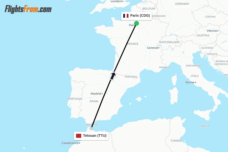 Flights from Tetouan to Paris route map
