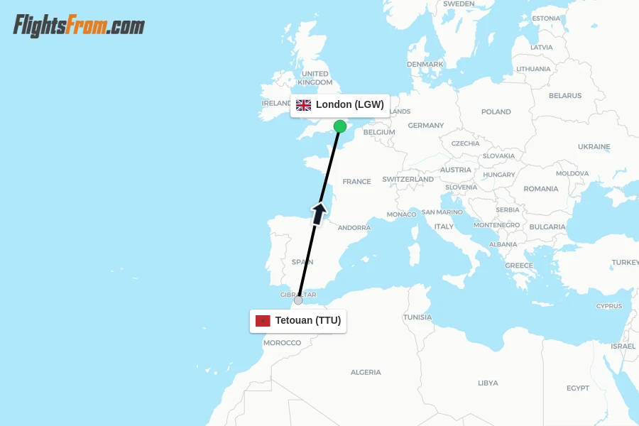 Flights from Tetouan to London route map