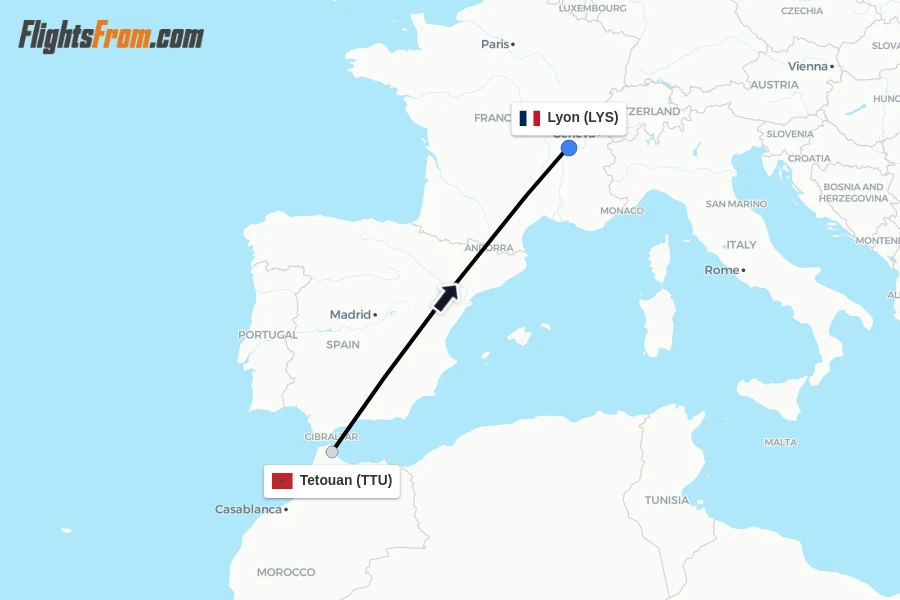 Flights from Tetouan to Lyon route map