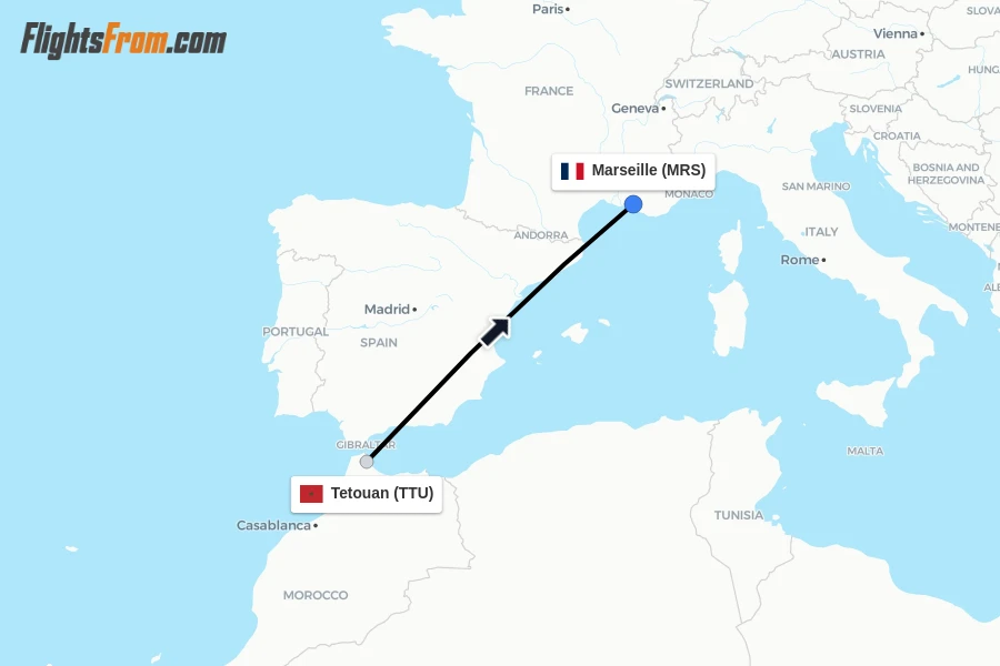 Flights from Tetouan to Marseille route map