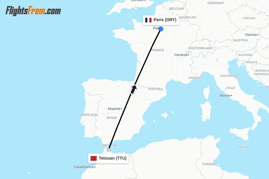 Flights from Tetouan to Paris route map