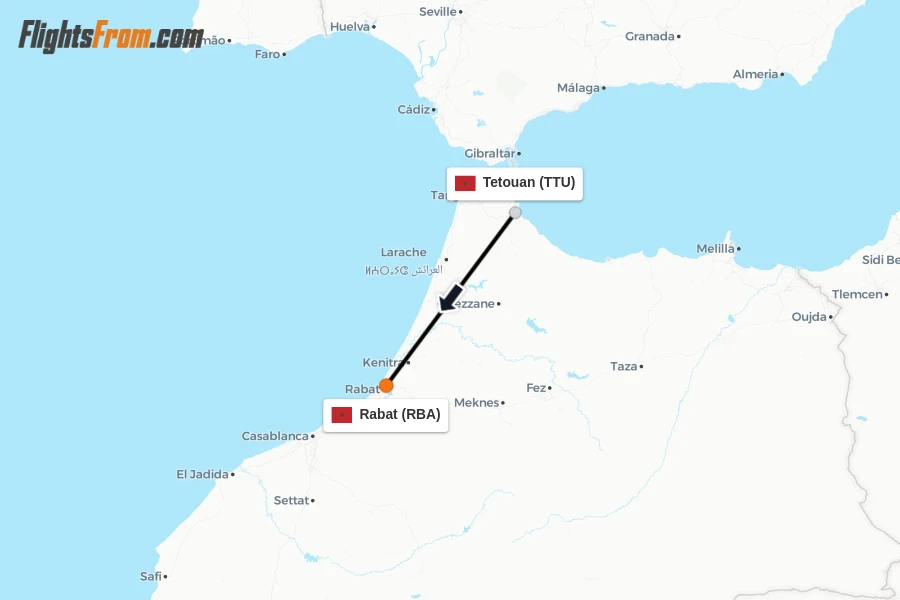 Flights from Tetouan to Rabat route map