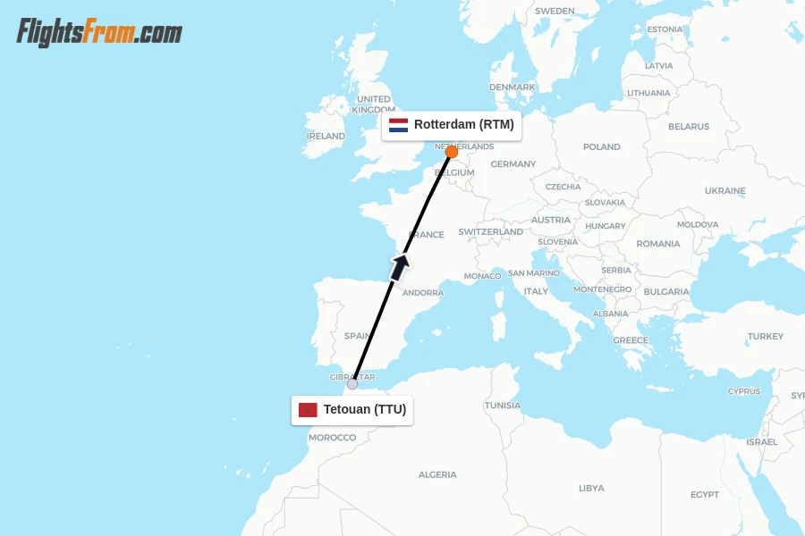 Flights from Tetouan to Rotterdam route map