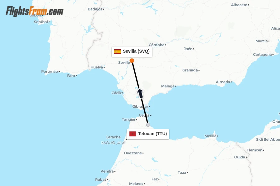 Flights from Tetouan to Sevilla route map