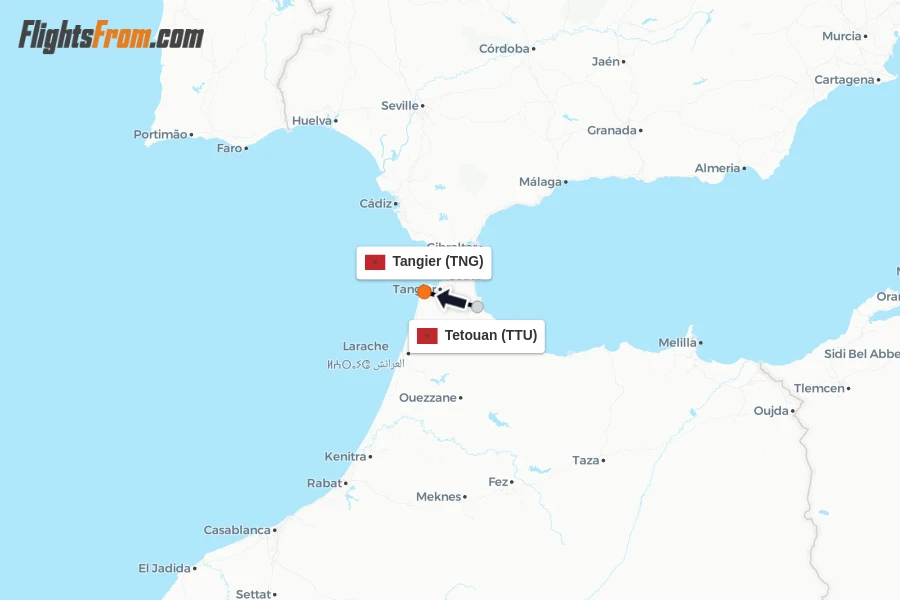 Flights from Tetouan to Tangier route map