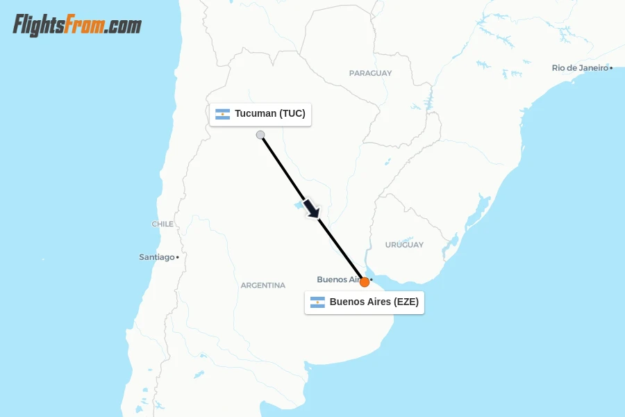 Flights from Tucuman to Buenos Aires route map