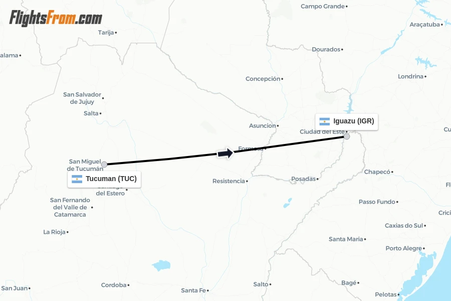 Flights from Tucuman to Iguazu route map