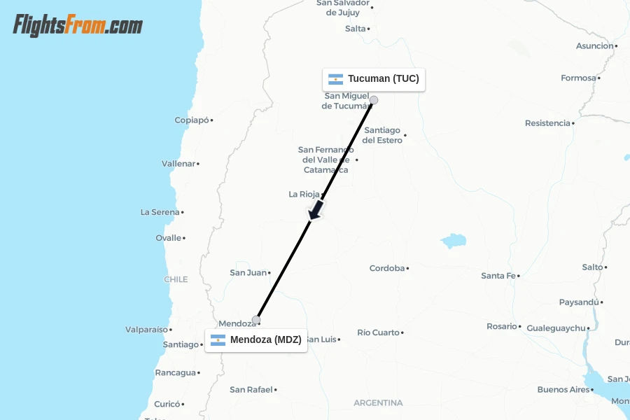 Flights from Tucuman to Mendoza route map