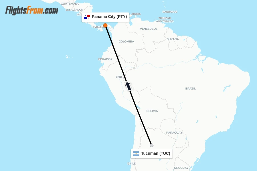 Flights from Tucuman to Panama City route map