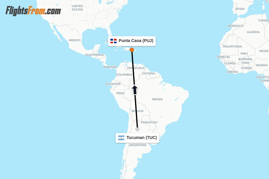 Flights from Tucuman to Punta Cana route map