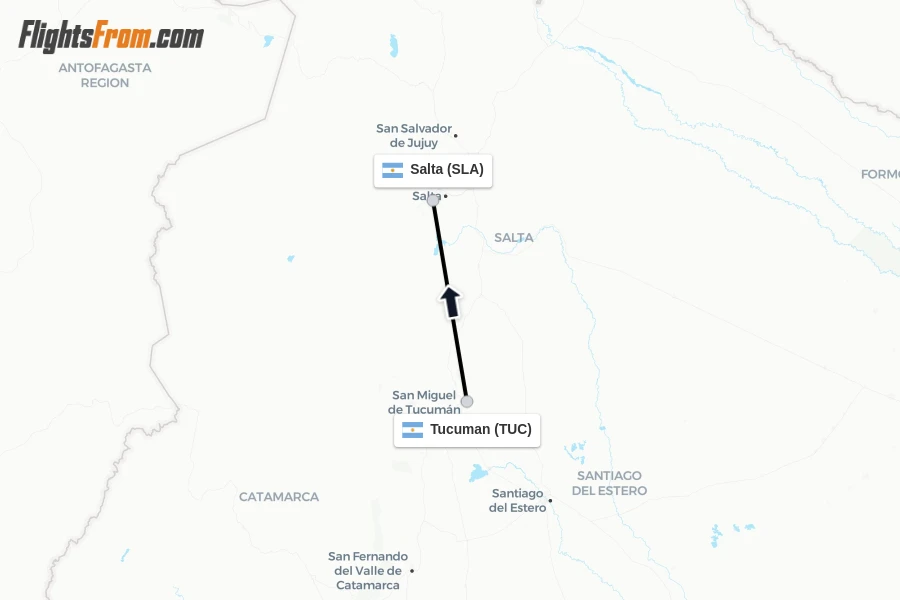 Flights from Tucuman to Salta route map