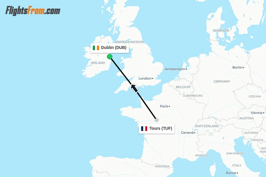 Flights from Tours to Dublin route map