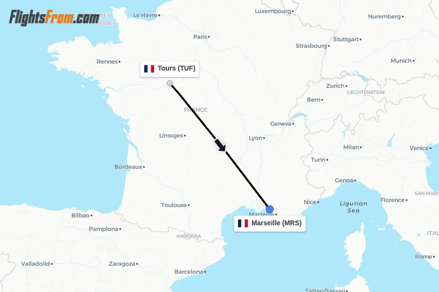 Flights from Tours to Marseille route map