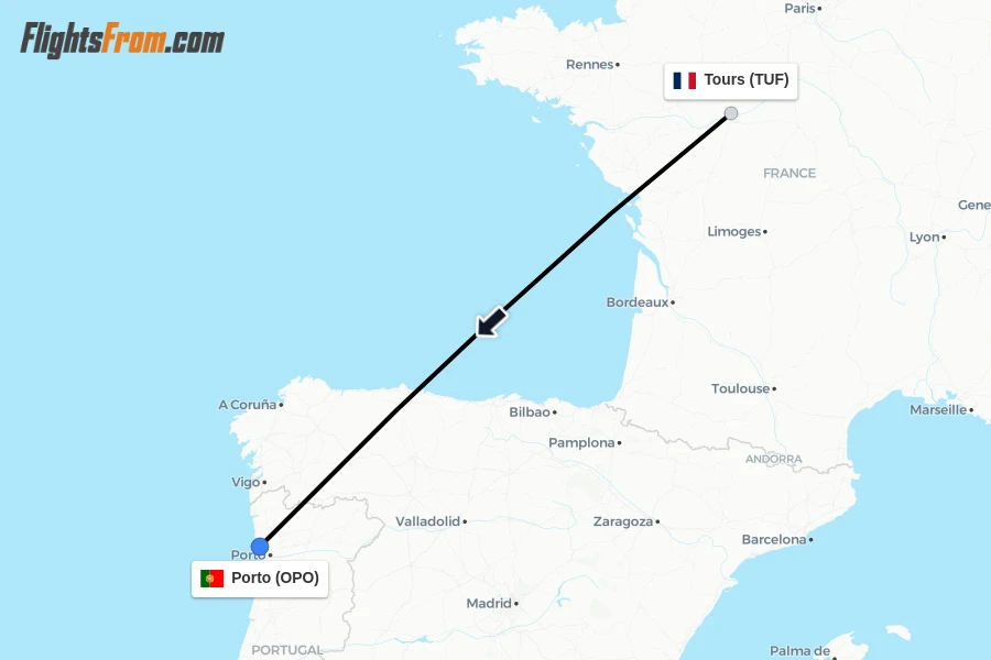 Flights from Tours to Porto route map