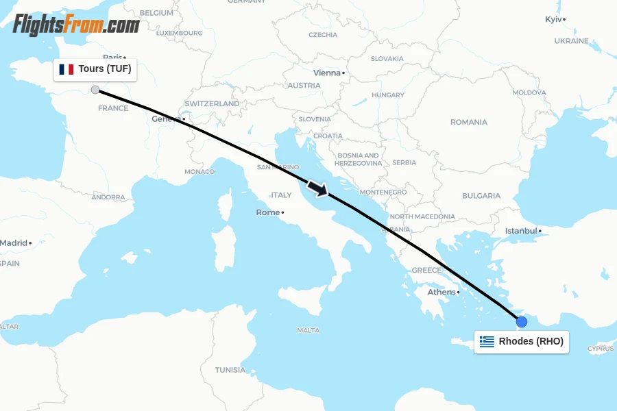 Flights from Tours to Rhodes route map