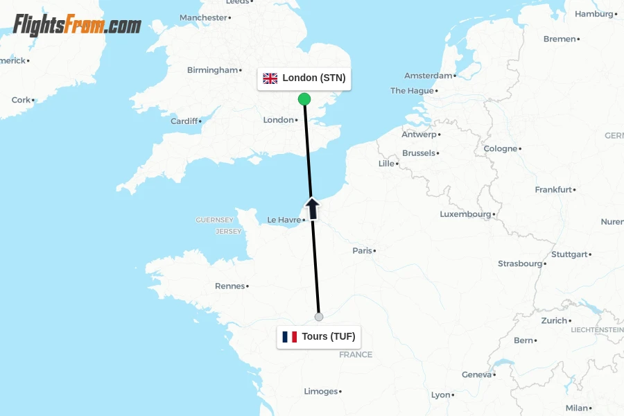 Flights from Tours to London route map