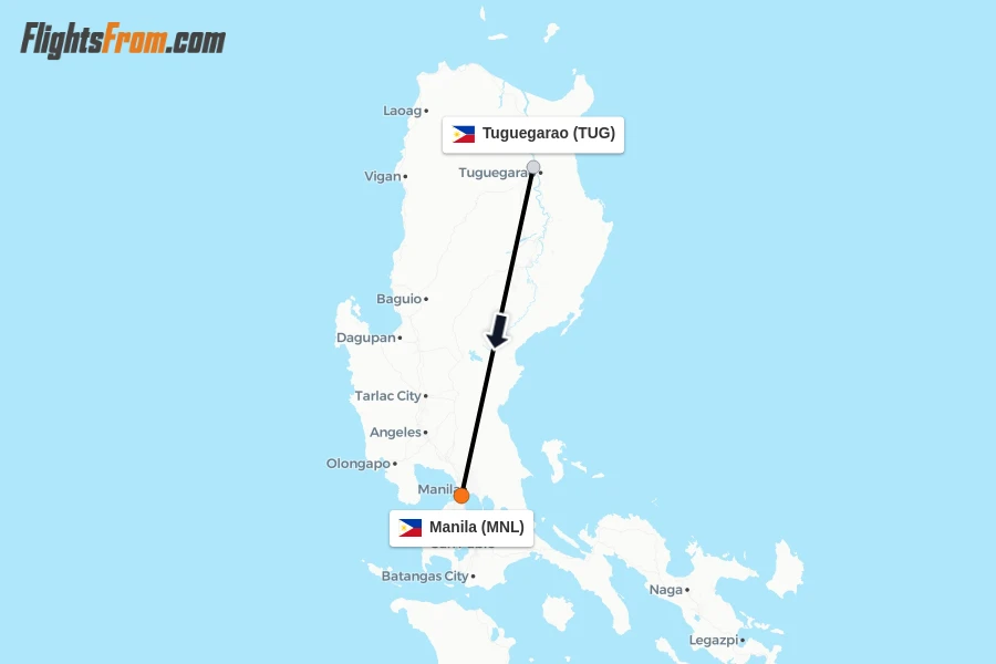 Flights from Tuguegarao to Manila route map
