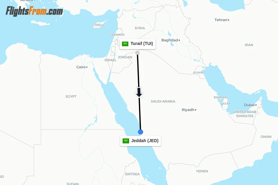 Flights from Turaif to Jeddah route map
