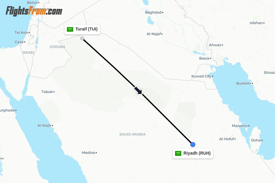 Flights from Turaif to Riyadh route map