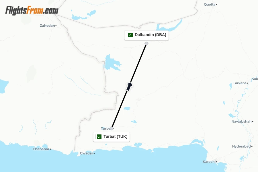 Flights from Turbat to Dalbandin route map