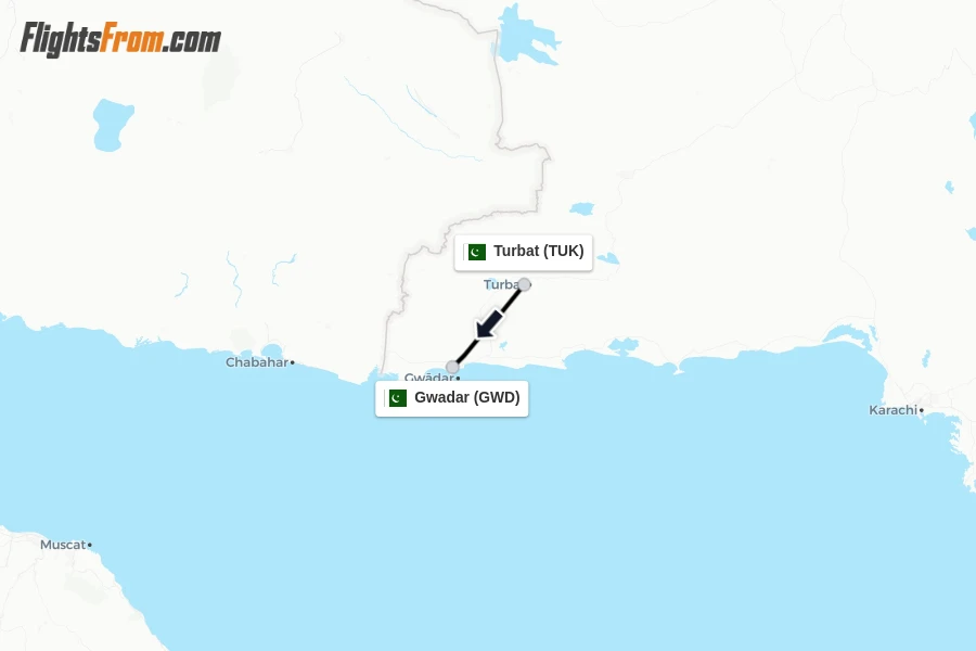 Flights from Turbat to Gwadar route map