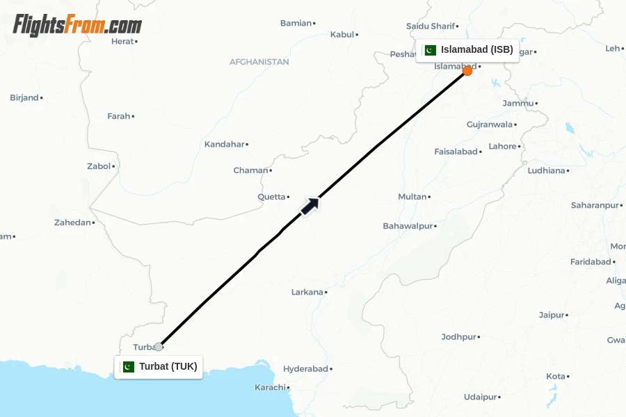 Flights from Turbat to Islamabad route map
