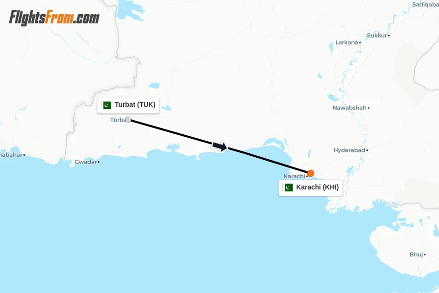 Flights from Turbat to Karachi route map