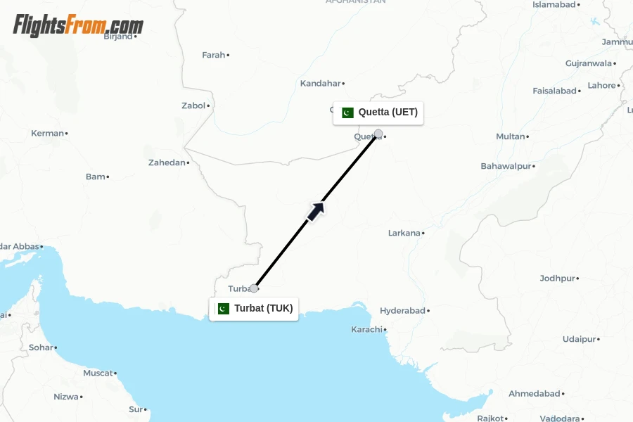 Flights from Turbat to Quetta route map