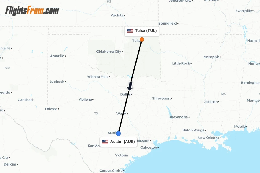 Flights from Tulsa to Austin route map