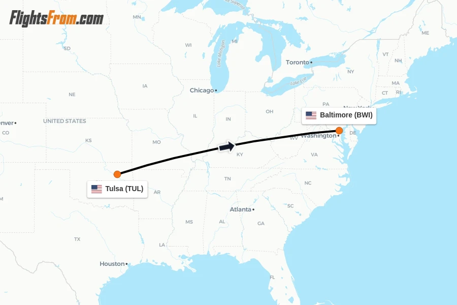 Flights from Tulsa to Baltimore route map