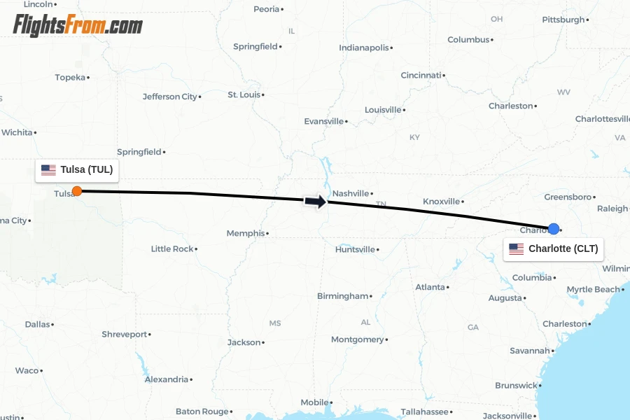 Flights from Tulsa to Charlotte route map