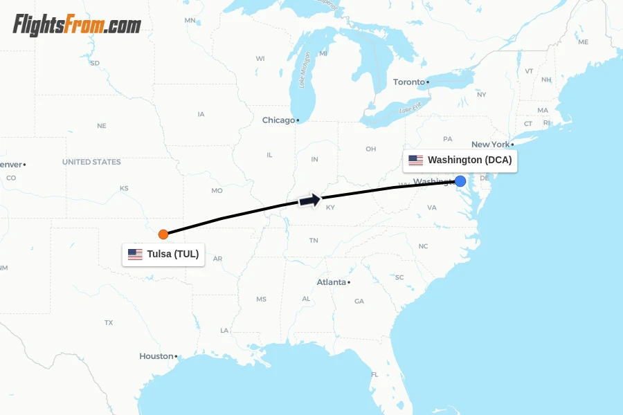 Flights from Tulsa to Washington route map