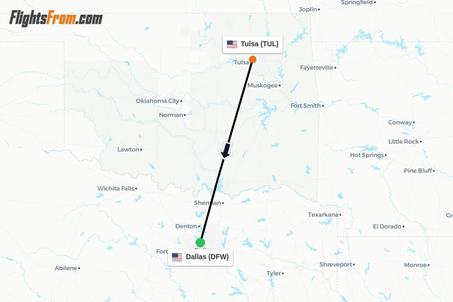 Flights from Tulsa to Dallas route map