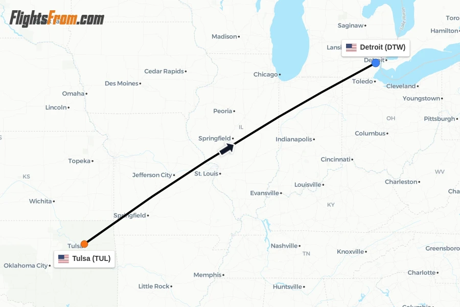 Flights from Tulsa to Detroit route map