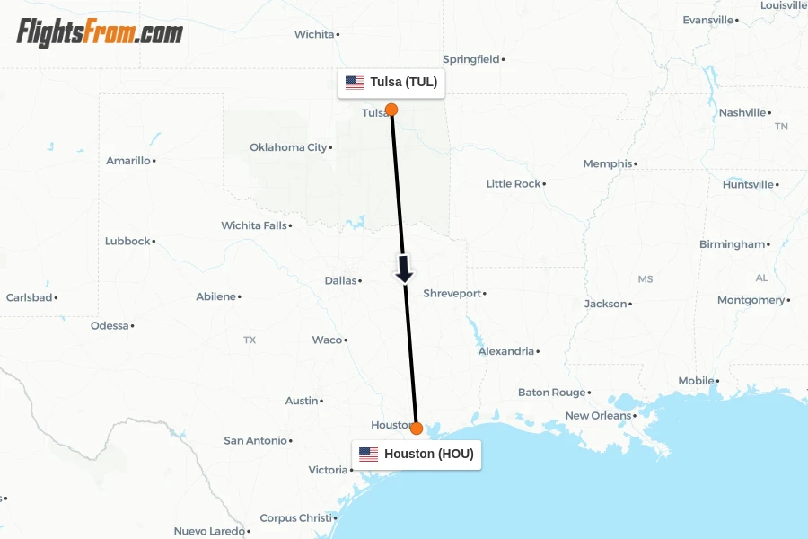 Flights from Tulsa to Houston route map