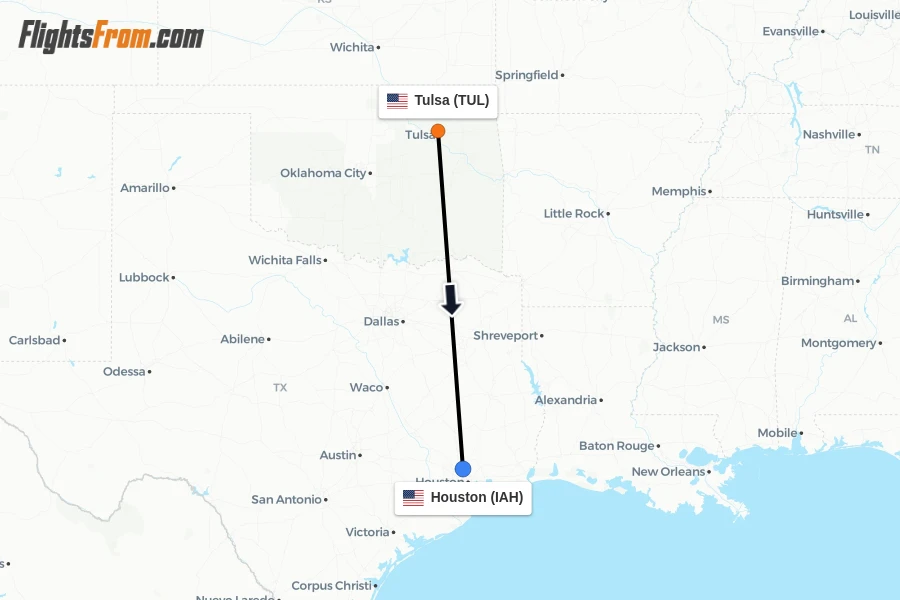 Flights from Tulsa to Houston route map